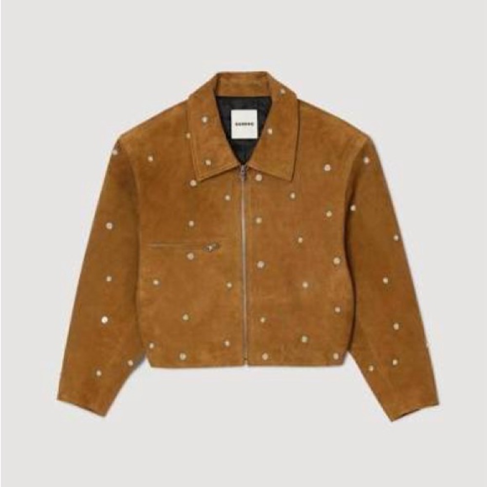 Sandro Tan Lopez Suede Jacket with Silver Studs